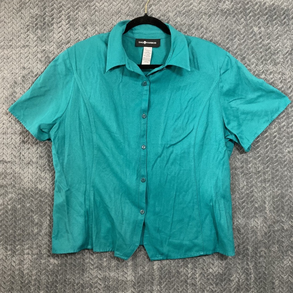 Sag Harbor Shirt Womens XL Blue Button Up Short Sleeve Business Classic Summer